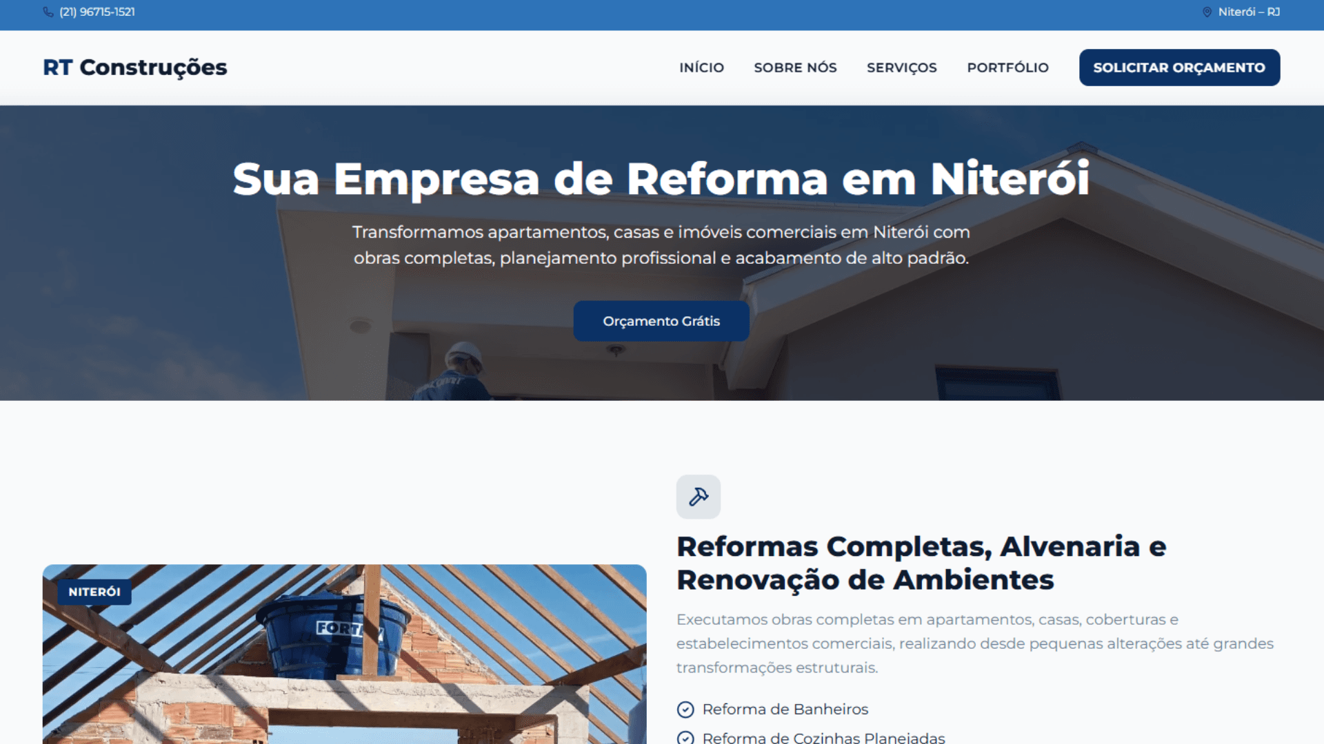 Print do site institucional de construção mostrando formulário de orçamento